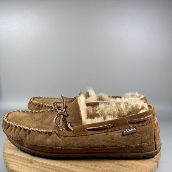 S LL Bean Wicked Good Men Sz 12 M Brown Moccasins Sheepskin Suede Shearling - Picture 3 of 7